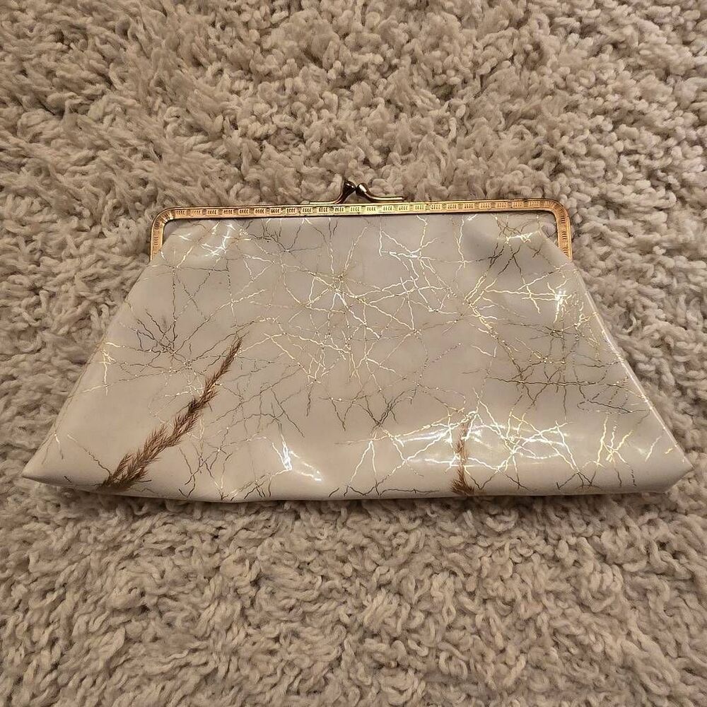 Vintage MCM Clutch Purse White Silver Gold Kiss Closure